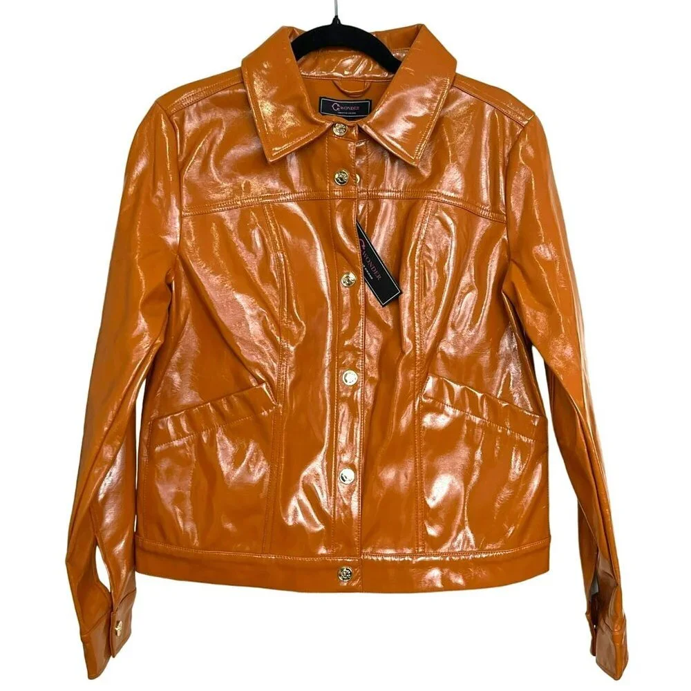 C Wonder Womens Faux Leather Jacket Medium Shiny Orange NEW